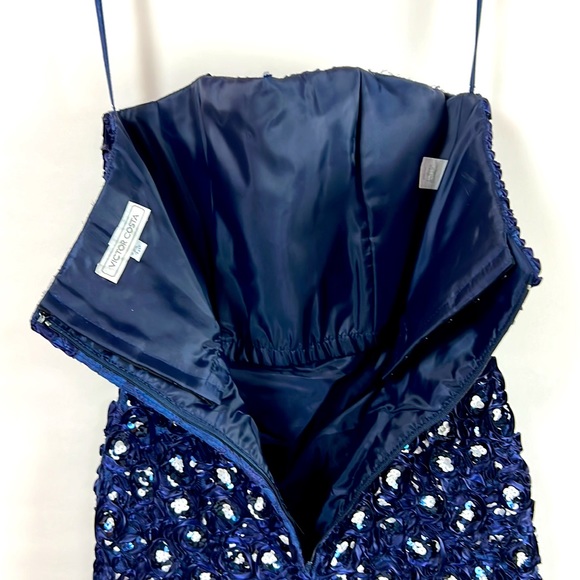 Vtg 80s Victor Costa Blue  Lace Swirl Sequin Strapless Dress Cotton Blend SZ 6 - Picture 7 of 10